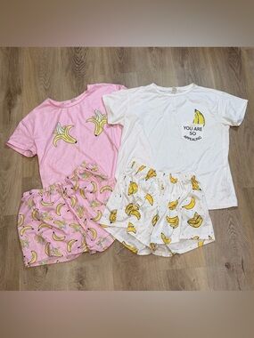 Banana Print Short Pajama Set Bundle - Pink & White